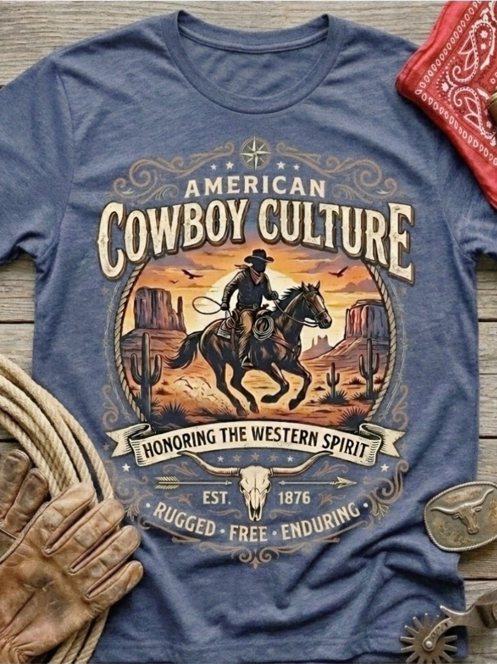 American Cowboy Culture Western Graphic Tee Cowboy Horse Desert Sunset Shirt